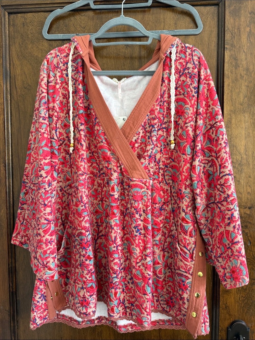 Pink Floral Hooded Pullover with Rope Drawstrings